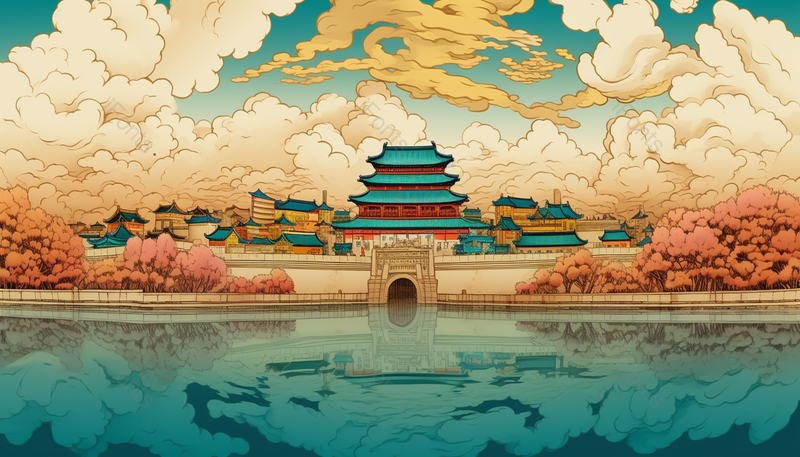 京城湖泊倒影中华文化历史文化建筑殿堂阁楼祥云中国风国潮风古典复古插画,插画/手绘图,插画/手绘图库,插画/手绘图下载,插画/手绘